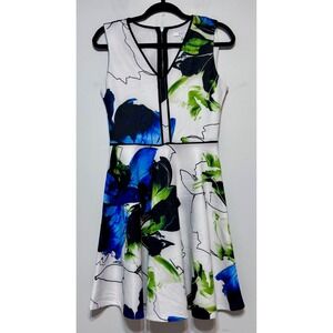 Watercolor Floral Reed Fit & Flare Dress Size Small Modern Botanical Office Chic
